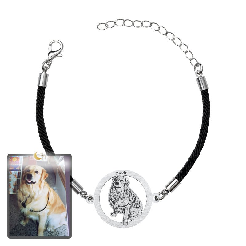Dog silhouette halo memorial photo bracelet in polished stainless steel — minimalist engraved pendant