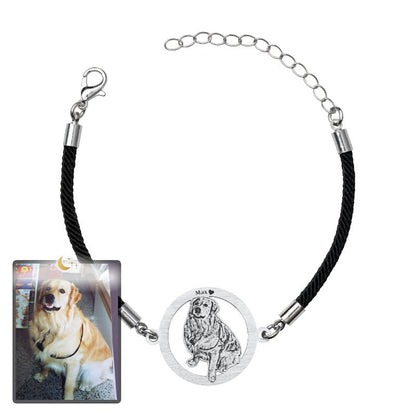 Dog silhouette halo memorial photo bracelet in polished stainless steel — minimalist engraved pendant