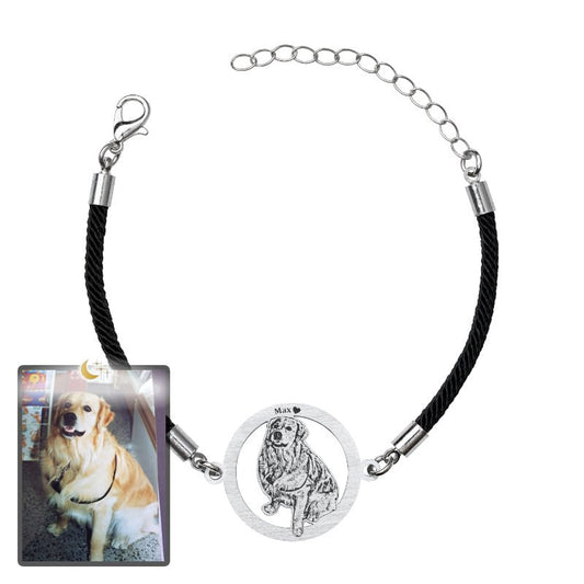 Dog silhouette halo memorial photo bracelet in polished stainless steel — minimalist engraved pendant