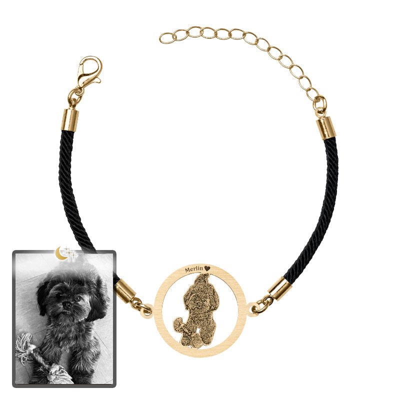 Dog silhouette halo memorial photo bracelet in titanium gold — minimalist dog memorial keepsake
