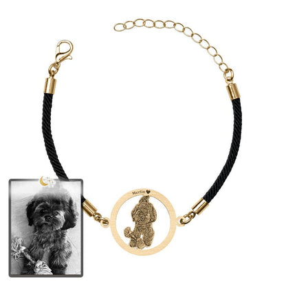Dog silhouette halo memorial photo bracelet in titanium gold — minimalist dog memorial keepsake