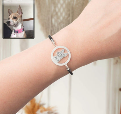 Dog silhouette halo memorial photo bracelet — rainbow bridge grief keepsake for dog moms