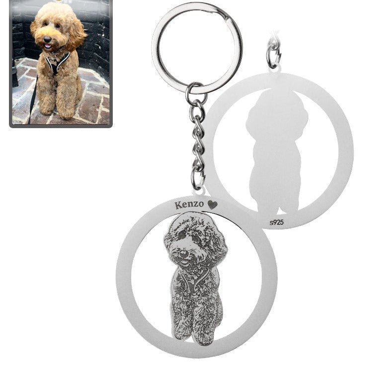 Dog silhouette halo memorial photo keychain in 925 sterling silver — personalized dog memorial gift