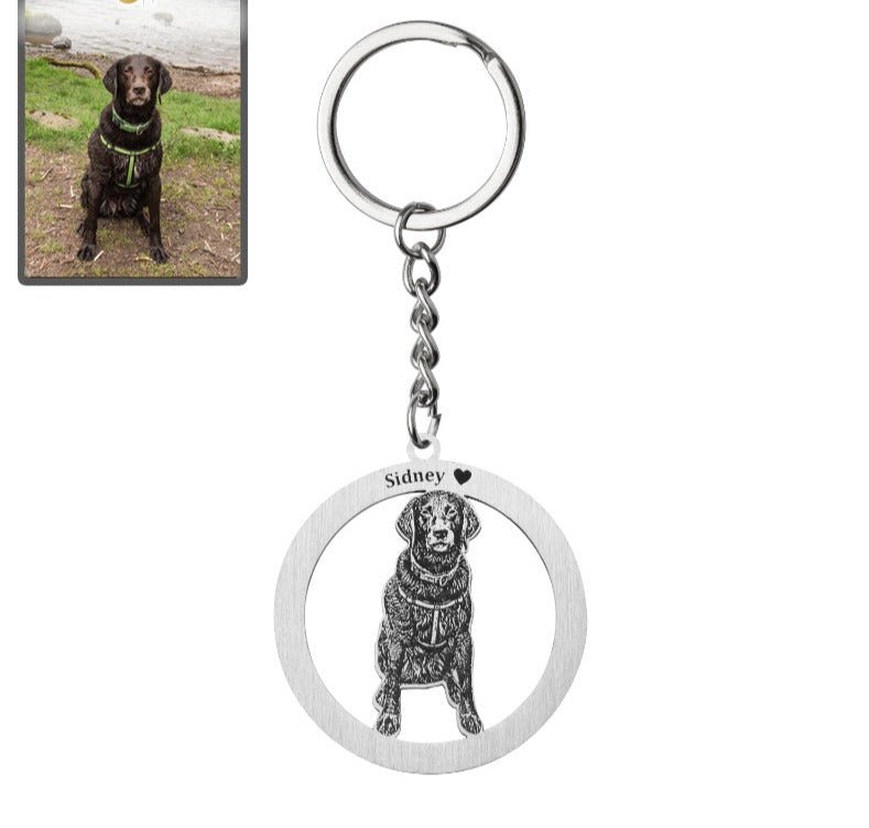 Dog silhouette halo memorial photo keychain in polished stainless steel — minimalist engraved pendant