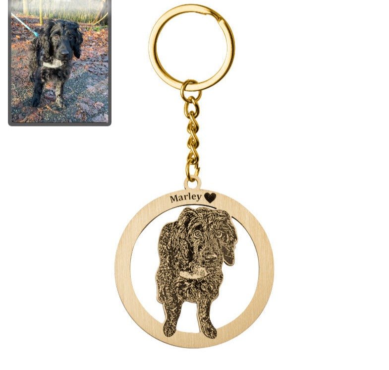 Dog silhouette halo memorial photo keychain in titanium gold — minimalist dog loss keepsake