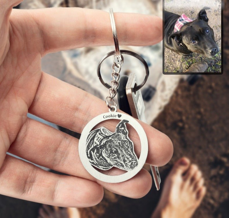 Dog silhouette halo memorial photo keychain — rainbow bridge grief gift for dog moms and dads
