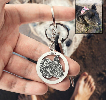 Dog silhouette halo memorial photo keychain — rainbow bridge grief gift for dog moms and dads