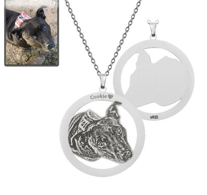 Dog silhouette halo memorial photo necklace in 925 sterling silver — rainbow bridge sympathy gift