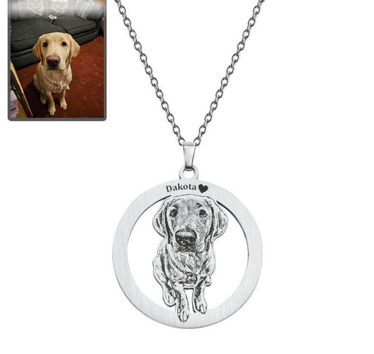 Dog silhouette halo memorial photo necklace in polished stainless steel — minimalist engraved tribute