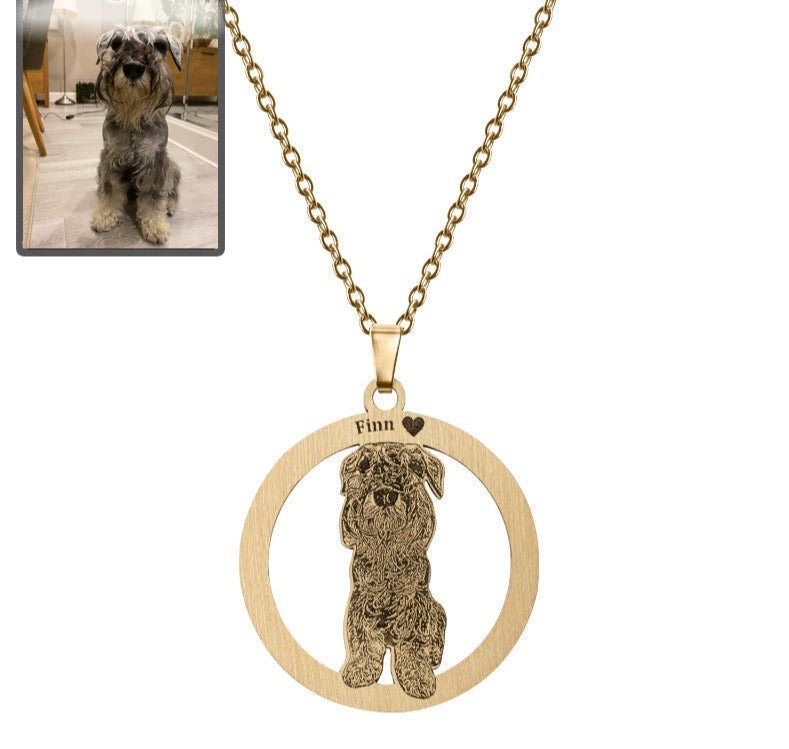 Dog silhouette halo memorial photo necklace in titanium gold — minimalist dog loss pendant