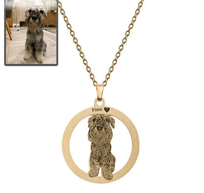 Dog silhouette halo memorial photo necklace in titanium gold — minimalist dog loss pendant