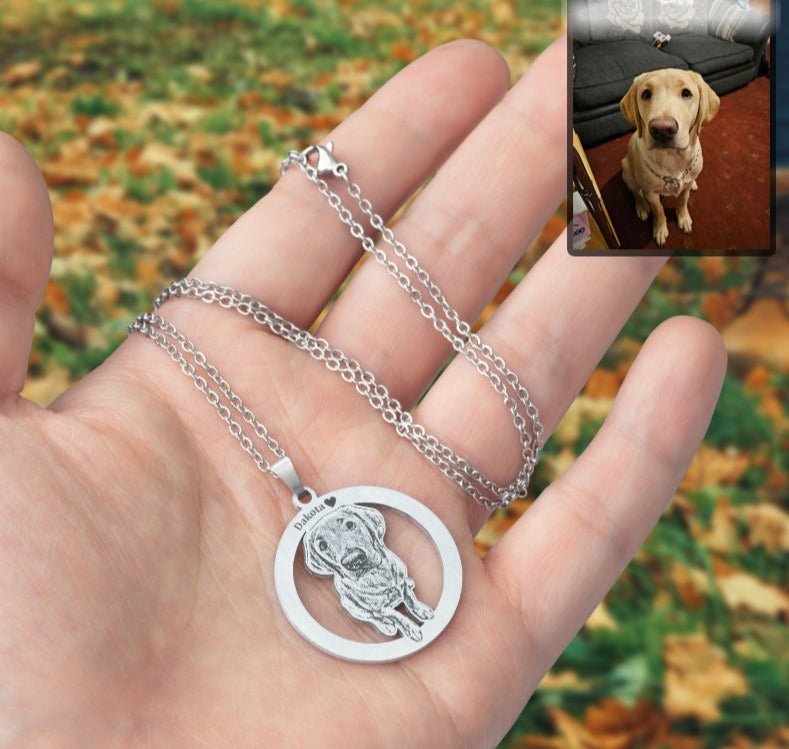 Dog silhouette halo memorial photo necklace — rainbow bridge grief keepsake for dog moms and dads