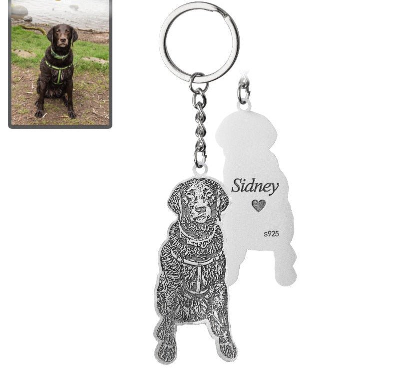 Dog silhouette memorial photo keychain in 925 sterling silver — personalized rainbow bridge gift