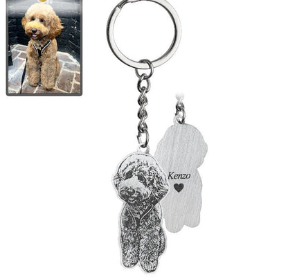 Dog silhouette memorial photo keychain in polished stainless steel — engraved rainbow bridge pendant