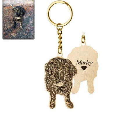Dog silhouette memorial photo keychain in titanium gold — minimalist dog loss keepsake