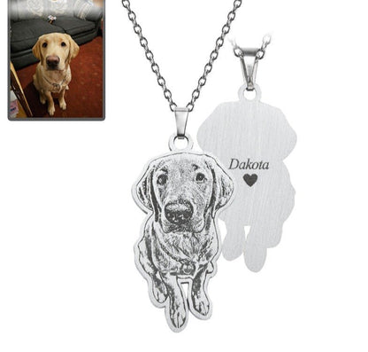 Dog silhouette memorial photo necklace in polished stainless steel — engraved rainbow bridge tribute