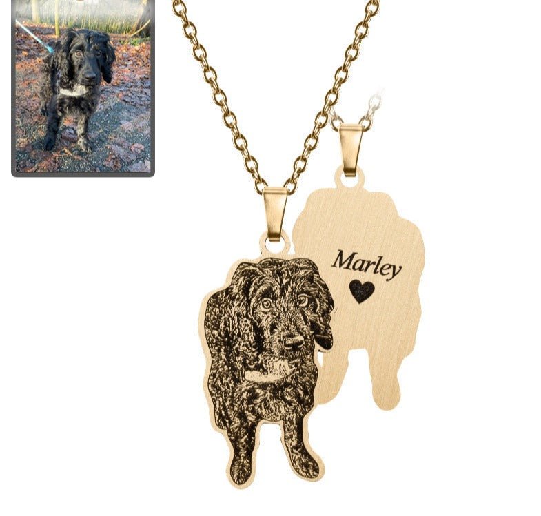 Dog silhouette memorial photo necklace in titanium gold — engraved rainbow bridge sympathy gift