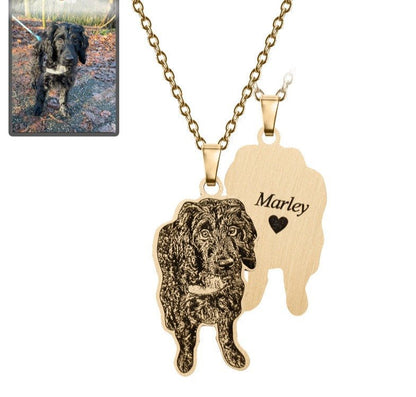 Dog silhouette memorial photo necklace in titanium gold — engraved rainbow bridge sympathy gift