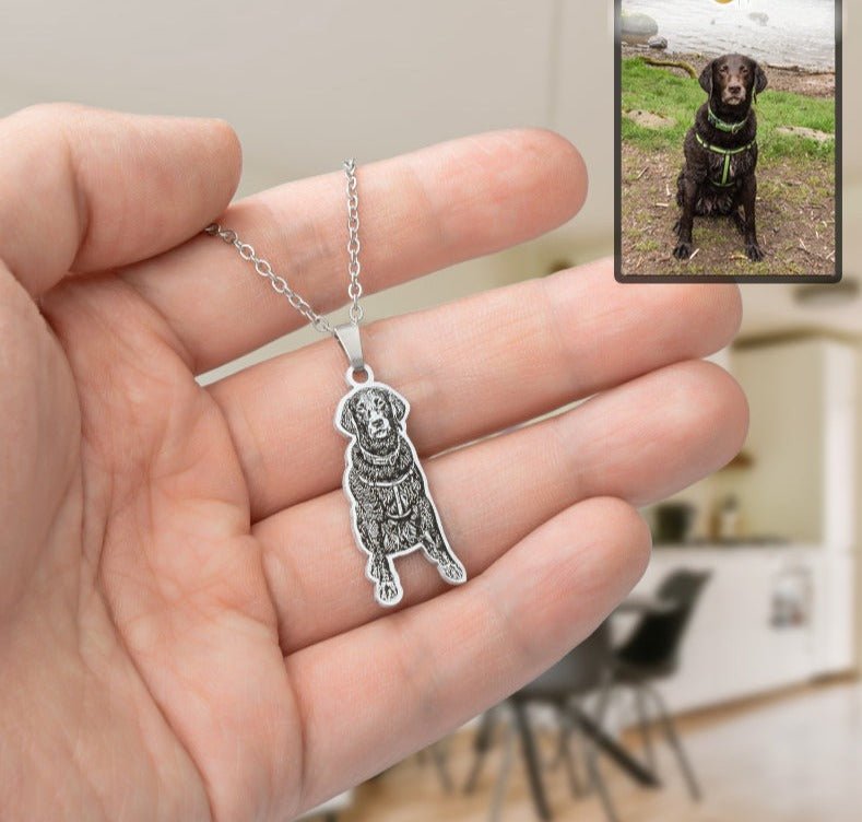 Dog silhouette memorial photo necklace — sympathy grief gift for dog moms and dog dads