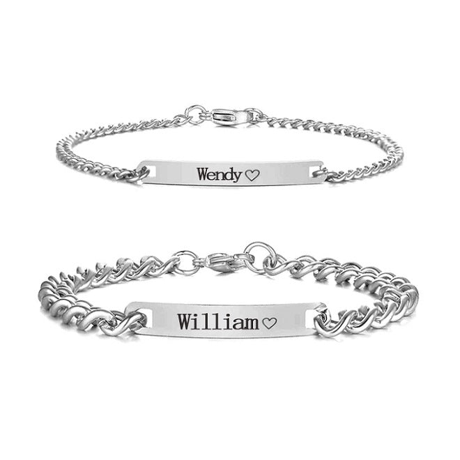 Engraved couple bracelet with rose gift box in silver plated — personalized keepsake for women and men