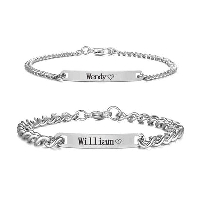 Engraved couple bracelet with rose gift box in silver plated — personalized keepsake for women and men