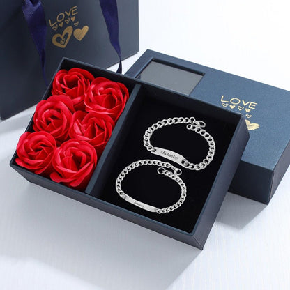 Engraved couple bracelet with rose gift box — personalized gift for wife, husband, girlfriend, boyfriend