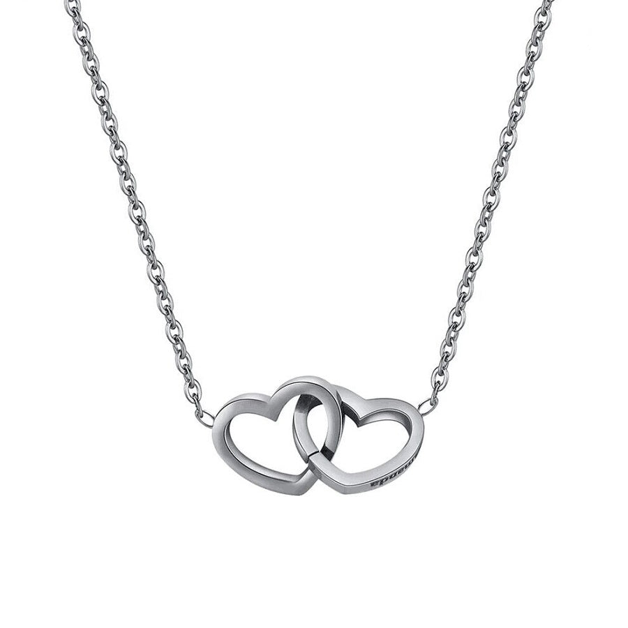 Engraved double heart necklace with rose gift box in silver — personalized engraved necklace for women