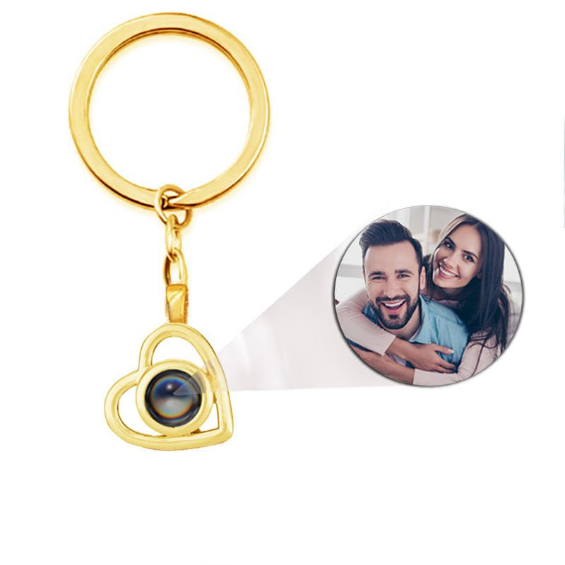 Heart photo keychain with picture inside in gold — custom memory gift for wife and girlfriend
