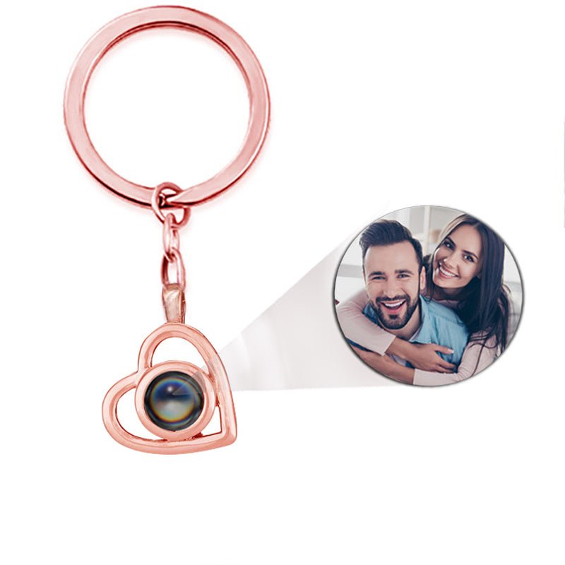 Heart photo keychain with picture inside in rose gold — personalized keepsake for women