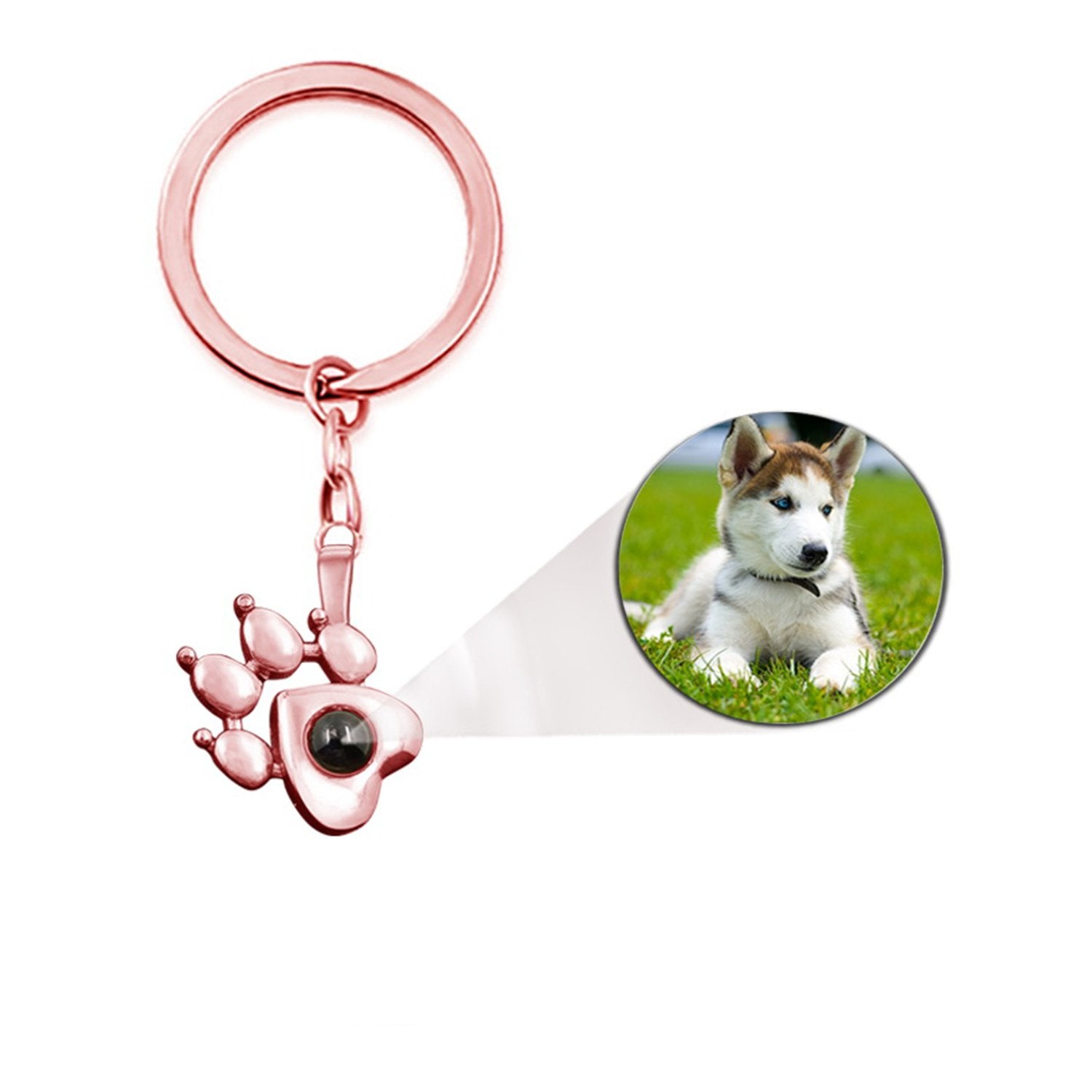 Pet photo keychain with picture inside in rose gold — personalized pet photo gift for dog dads and cat dads