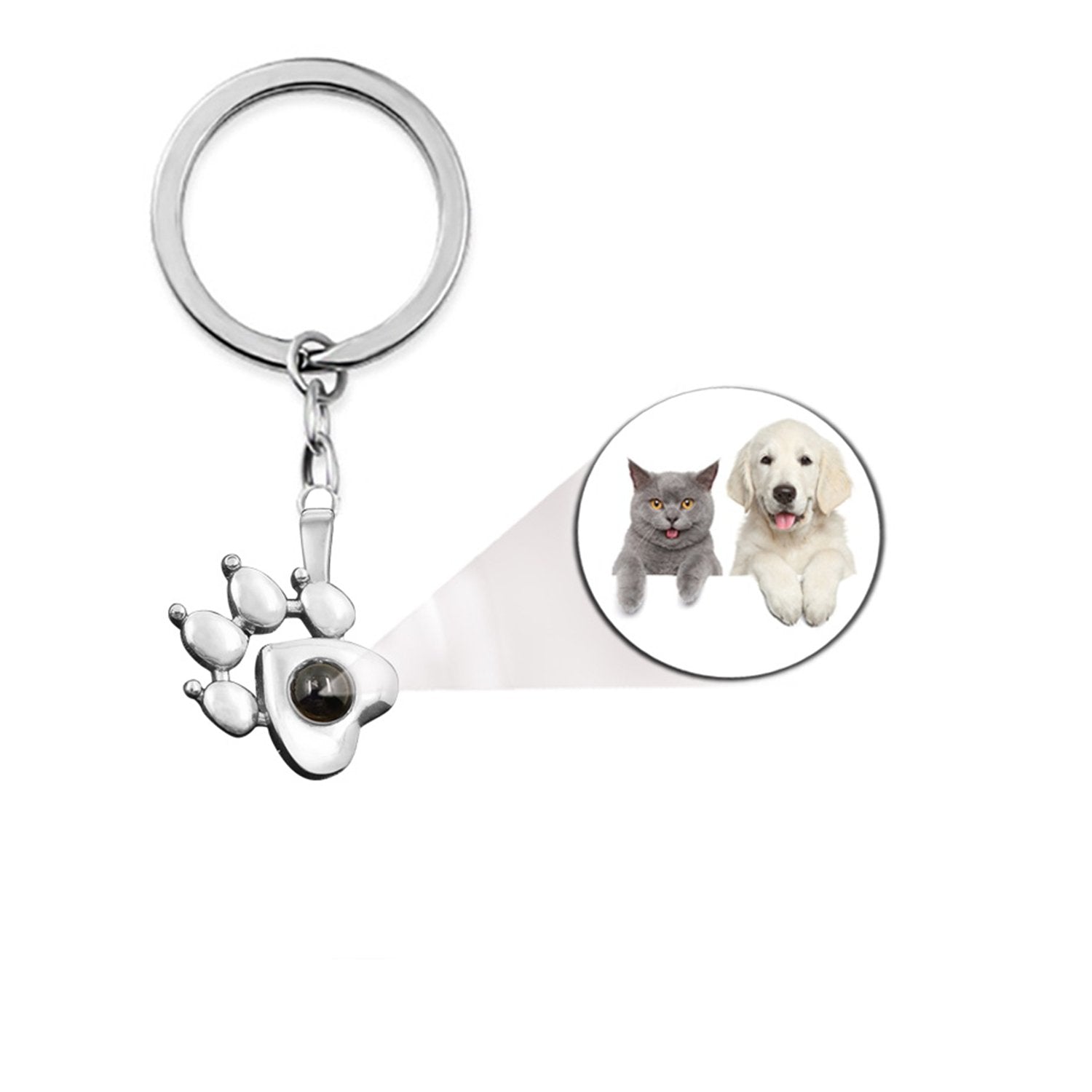 Pet photo keychain with picture inside in silver — paw print keepsake for dog moms and cat moms