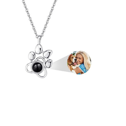 Pet photo necklace with picture inside in silver — paw print keepsake for dog moms and cat moms